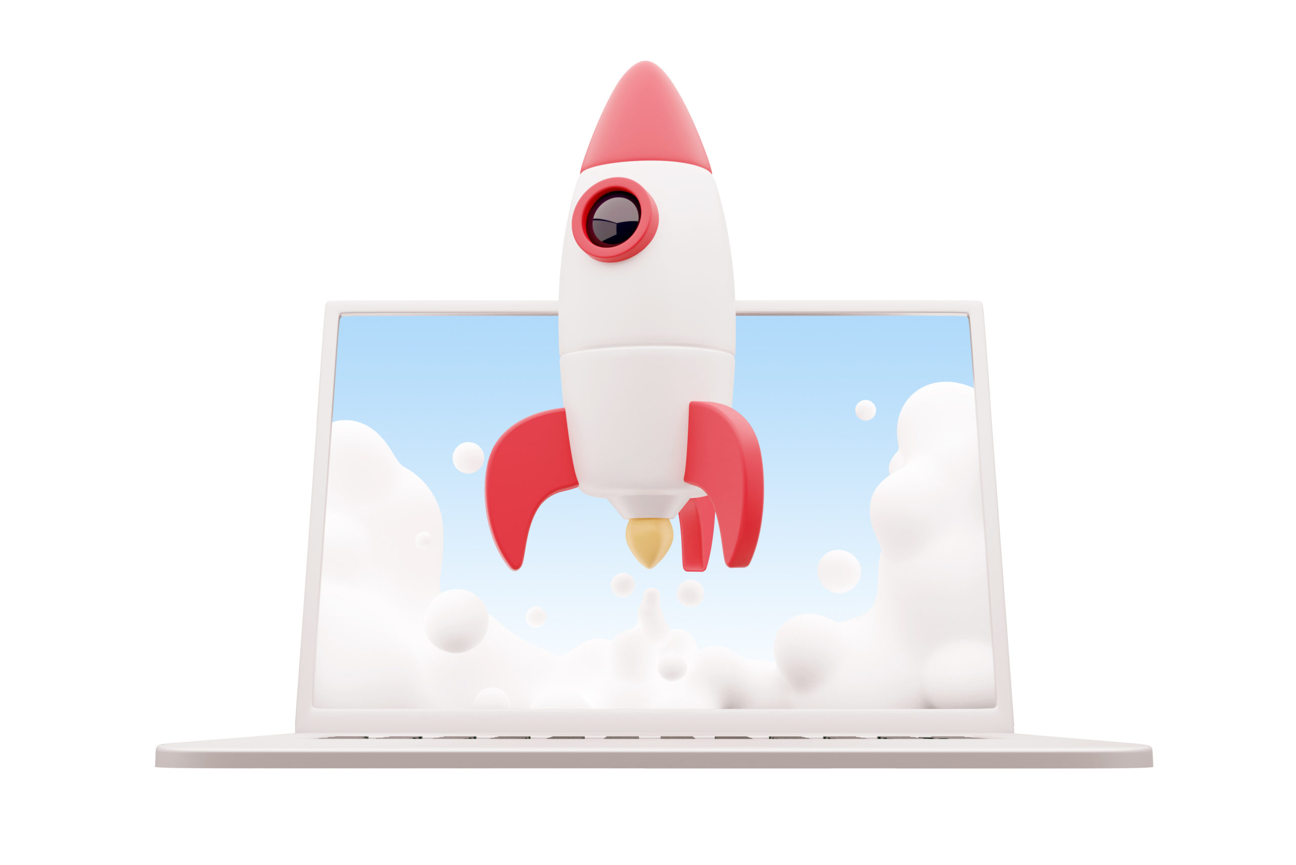 3d render startup concept with rocket flying out of laptop screen on white background 3d rendering 3d render startup concept with rocket flying out of laptop screen on white background 3d rendering