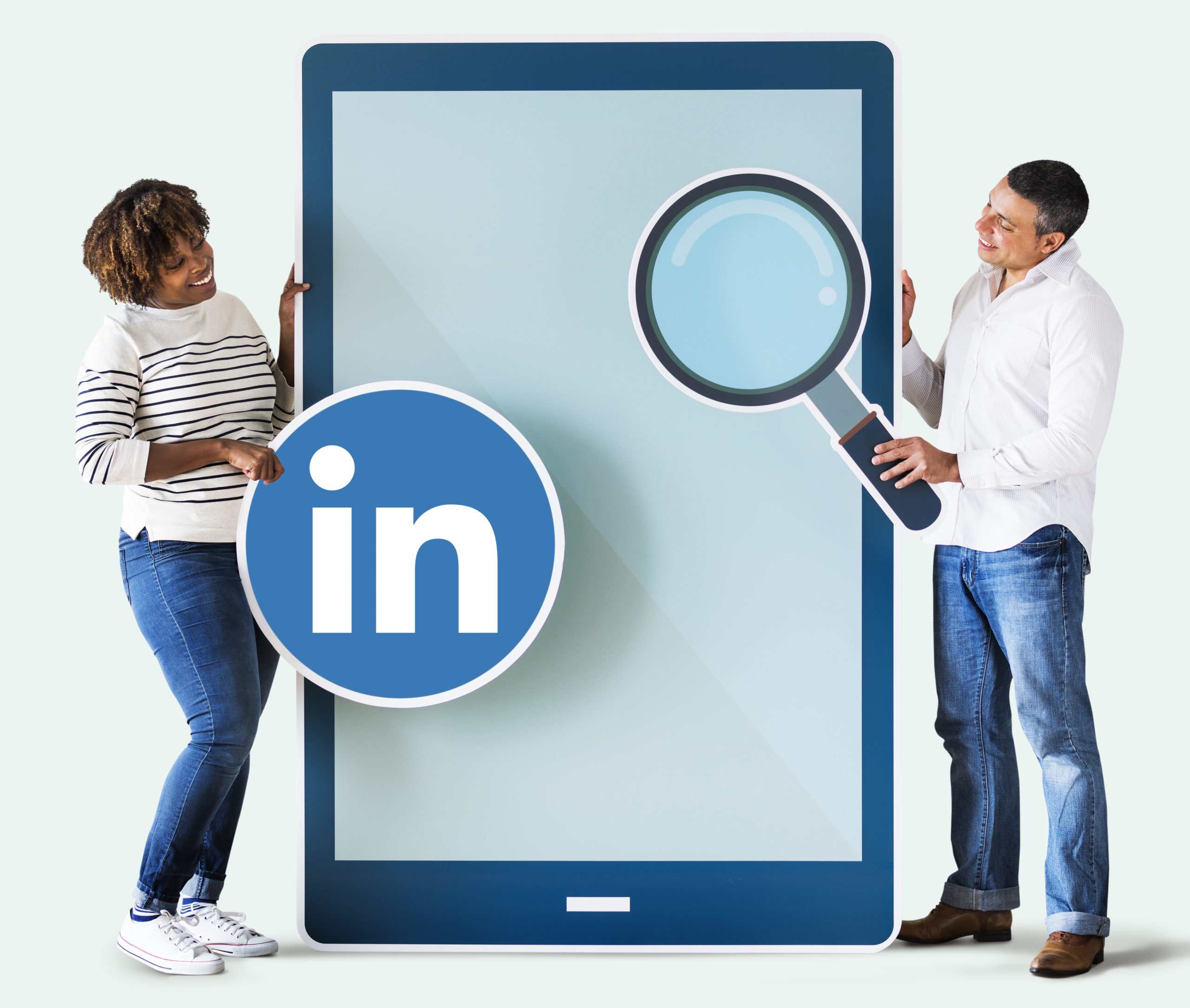 people holding linkedin icon and tablet people holding linkedin icon and tablet