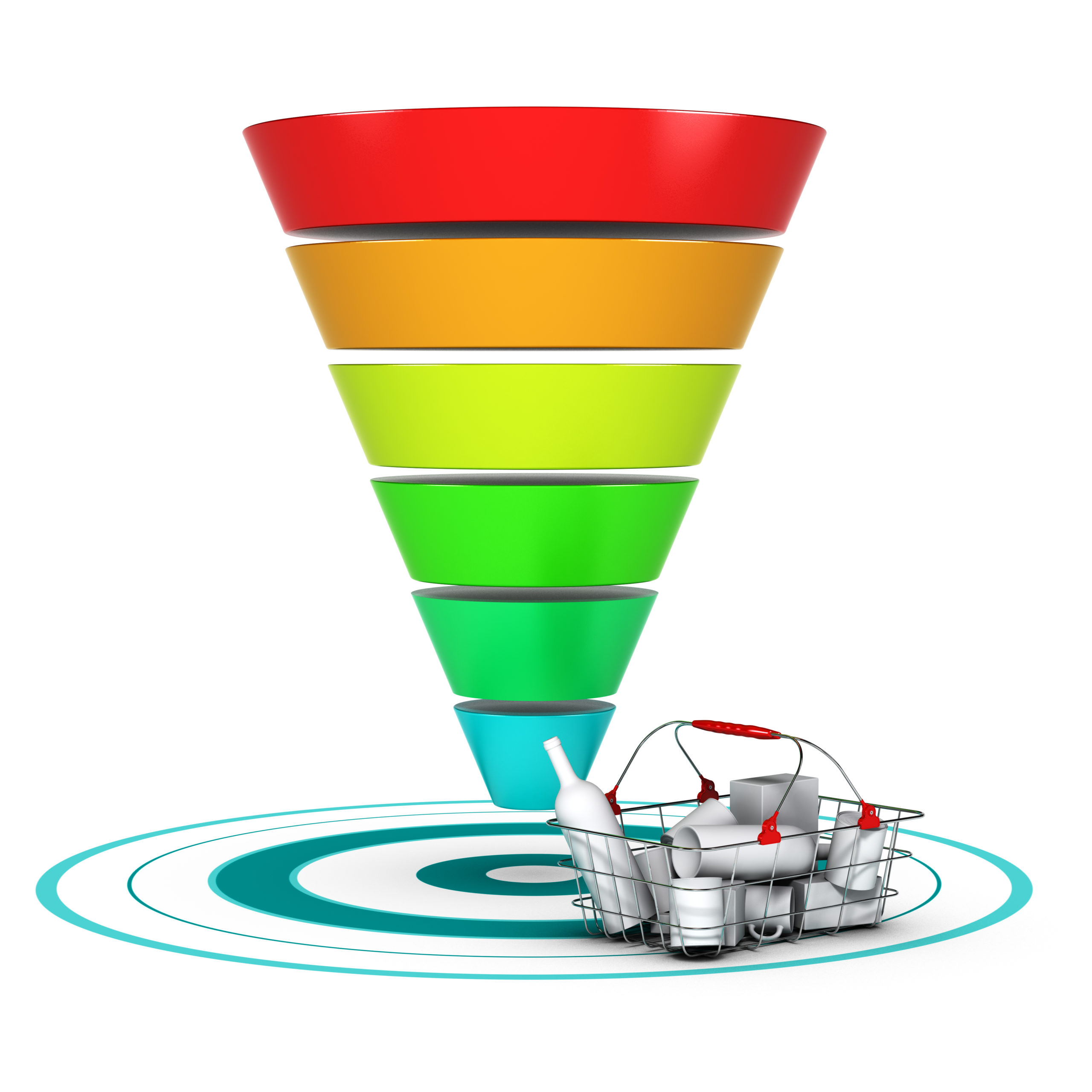 sales funnel with 6 stages easily customizable from 3 to 6 levels with basket and target conceptual diagram suitable for marketing or business purpose sales funnel with 6 stages easily customizable from 3 to 6 levels with basket and target conceptual diagram suitable for marketing or business purpose